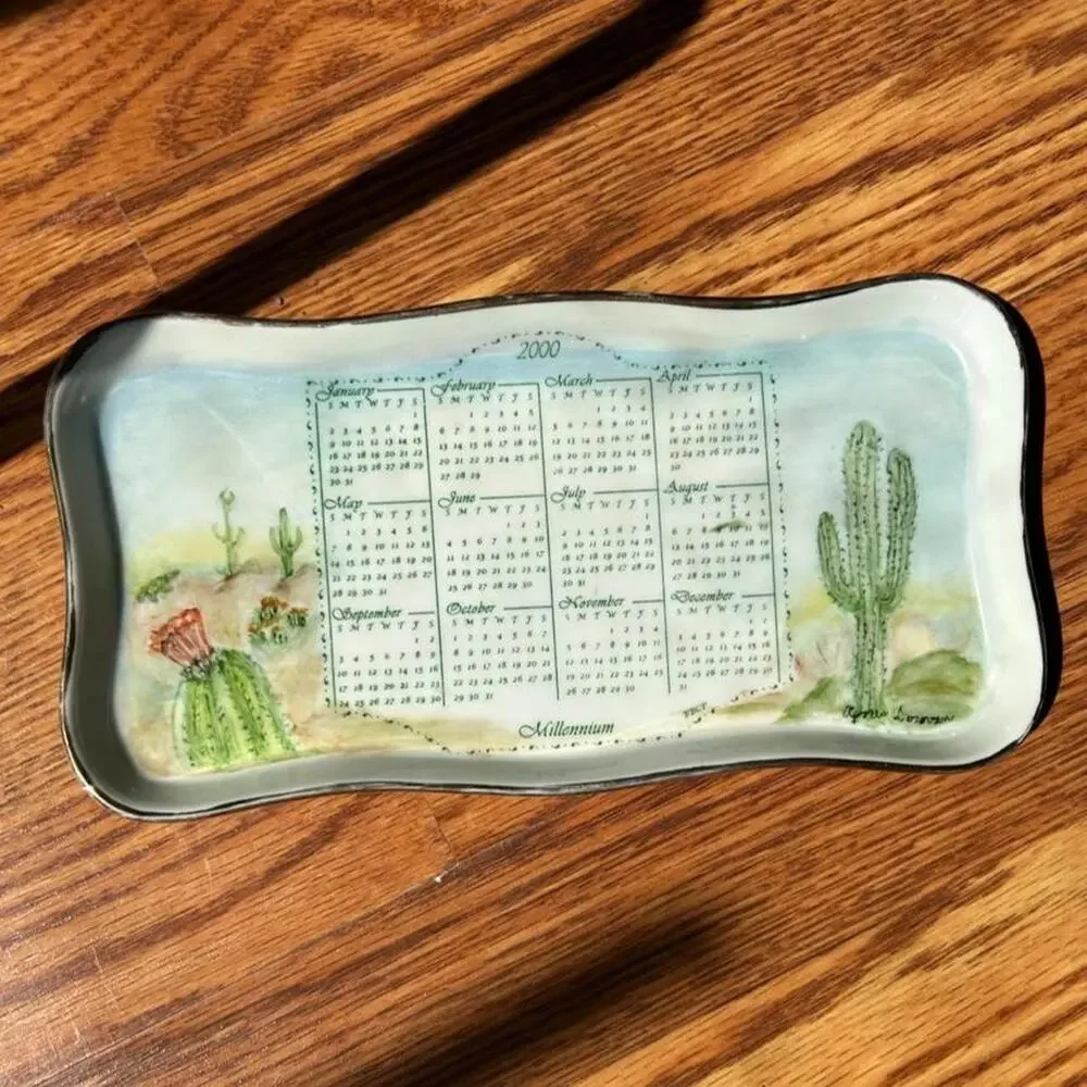 Y2K millennium year 2000 calendar cactus gold rim painted ceramic jewelry dish